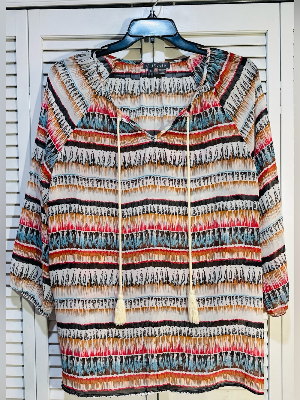 Boho Aztec Stripe Tassel Peasant Tunic Top Festival Coastal Cowgirl - Picture 3 of 12